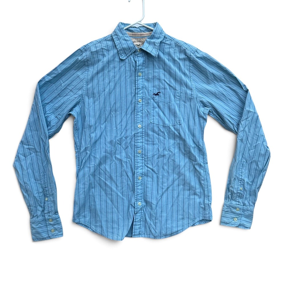 Y2K Hollister Mens Button Up Shirt Medium Blue Striped Cotton Long Sleeve